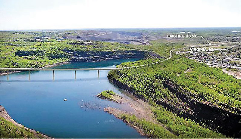 Rendered engineering photo showing proposed US Highway 53 bridge across the Rouchleau Mine pit in Virginia, MN.  (Photo credit: MNDOT)