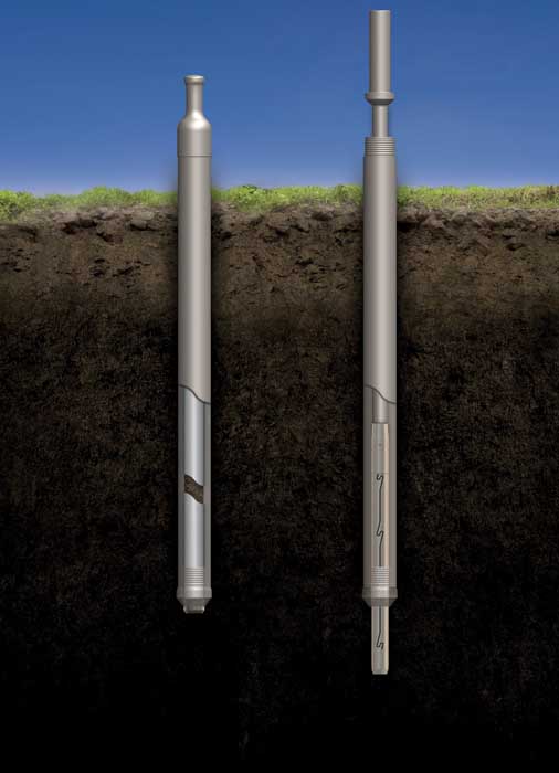 The example on the left depicts the standard DT37 Dual Tube Soil Sampling System being advanced to collect a continuous soil sample. The example on the right depicts using the same 3.75 in. casing to collect SPT samples ahead of the driven casing. 