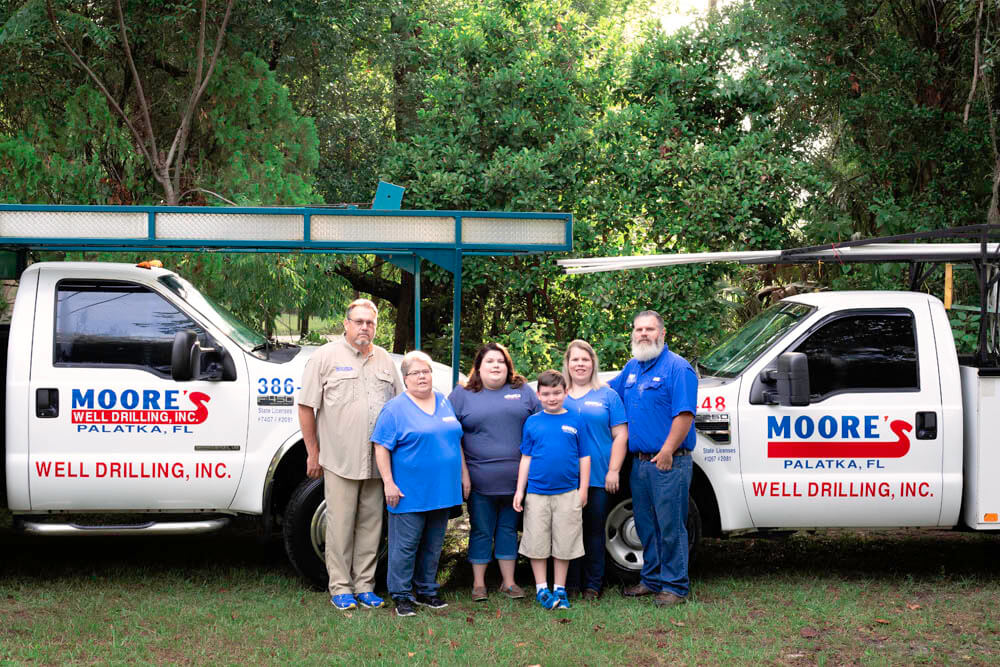 In business for more than 60 years, Moore's Well Drilling includes L to R: Ronald Moore, president; wife Mary Sue, office/field assistant; daughter Katie, assistant office manager; grandson Branson; daughter Tabatha, office manager; and son-in-law Chris Westberry, operations manager.