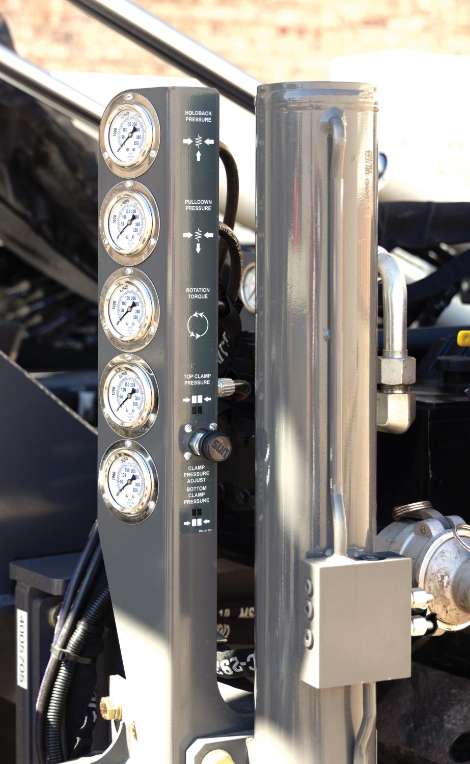Five Analog Displays indicating holdback pressure, pulldown pressure, rotation torque, top clamp pressure, and bottom clamp pressure. 