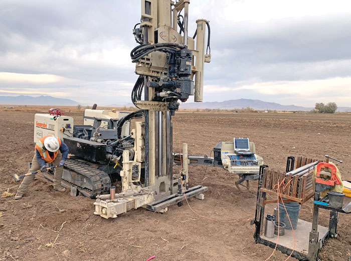 Applied Geotechnical Engineering Consultants (AGEC) employee Tyrell Gwilliam strikes the strike-plate to measure the shear wave velocity at 50 feet using the NEW Geoprobe® Seismic CPT module. 