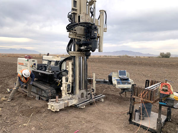 Applied Geotechnical Engineering Consultants (AGEC) employee Tyrell Gwilliam strikes the strike-plate to measure the shear waves at 50 feet using the NEW Geoprobe® SCPT. 