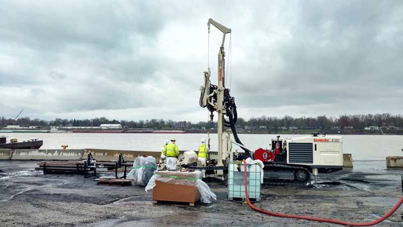 EnviroProbe Integrated Solutions, Inc., in Nitro, WV, initiates their new Geoprobe® 8150LS Rotary Sonic at a contaminated site requiring geotechnical work near Louisville, KY.