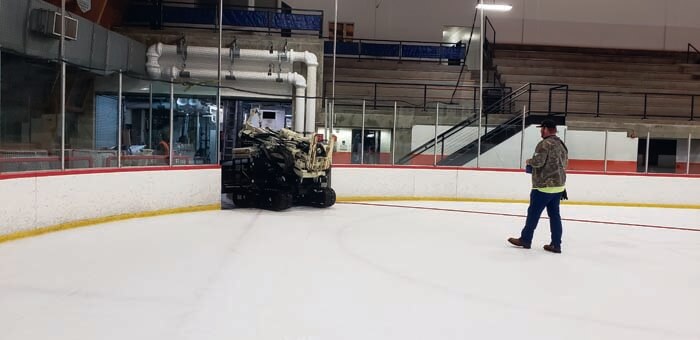 They chose the Geoprobe® 7822DT for its narrow width, low track load on the ice surface (4.6 lb./in.2), rubber tracks, and ease of operation with the wireless remote. The fact that it was only three months old was also an advantage, keeping dirt from falling off the tracks onto the rink.