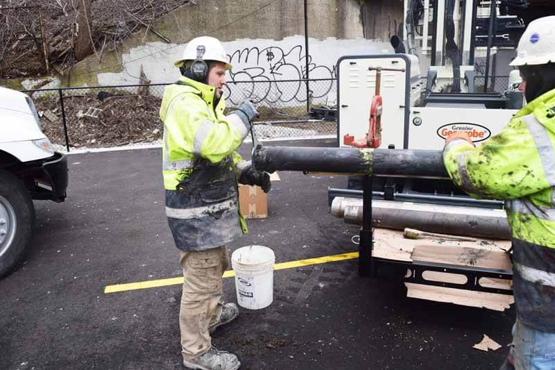 Adam Sweet, (left) Vice President of Horizon Construction and Exploration, and Robert Albinger recover 6-in. samples with the 3230DT on its first project in Milwaukee, WI.