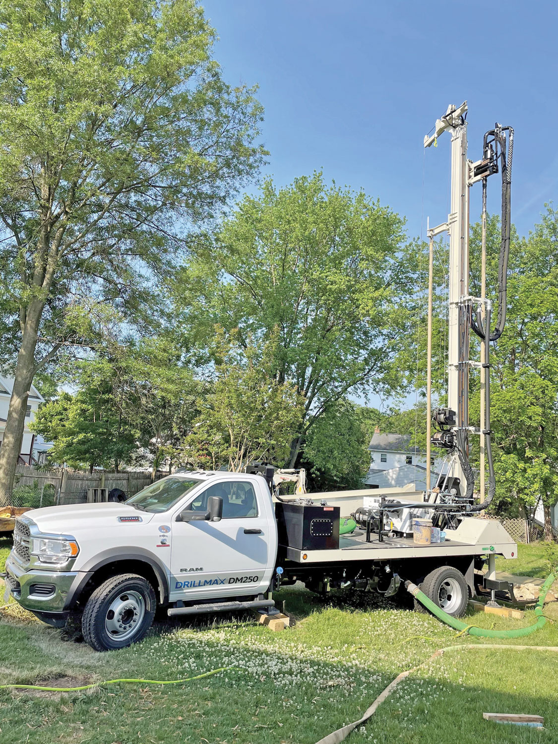 Purchased for its mud rotary capabilities, the DM250 performs air rotary drilling rock wells in palm-sized cobbles using an auxiliary air compressor.