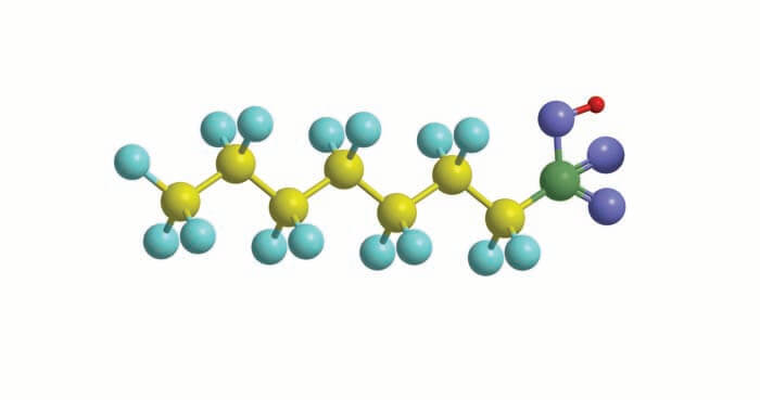 PFOS = perfluorooctane sulfonate, yellow - carbon, teal - flourine, purple - oxygen, red - hydrogen, green - sulfer
