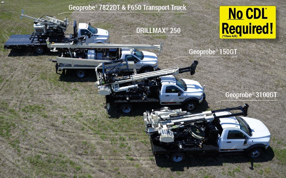 Here is an example of Geoprobe® and DRILLMAX® machines that can be mobilized to job sites without the use of a CDL.  In some cases, DOT weight restrictions require project tooling and supplies to be carried on a support vehicle.