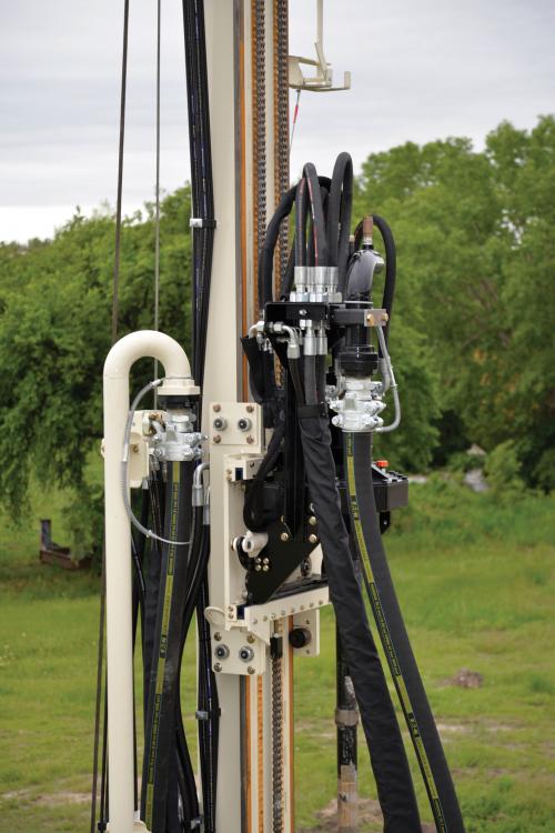 Rollers on DM450 deep water well drilling rig top head carriage provide smoother transitions and easier adjustments.