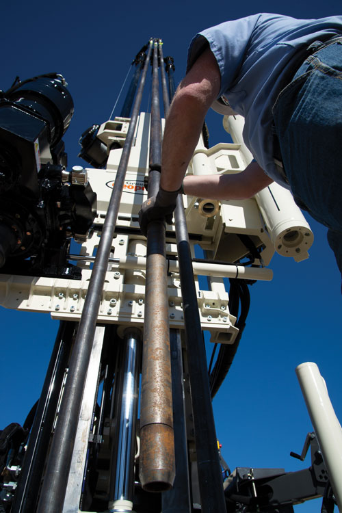 Triple winch on telescoping winch mast allows using 20-foot sections of tooling with the 3230DT drill rig