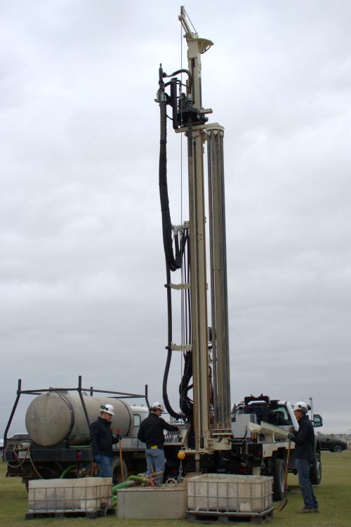 The optional carousel carrying eight, 3-inch, 20-foot rods makes drilling wells fast and easy.