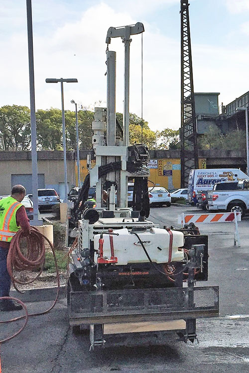 Small footprint and agile maneuvering of 6712DT allows for fast and cost-effective installation of Electro Kinetic Field (EKF) remediation technology while retail businesses continue operations without interruption in Queens, New York.