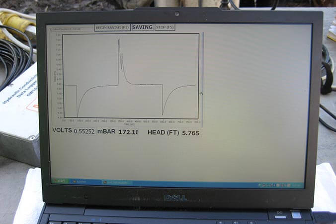 Onscreen plotting of well head responses with the Acquisition software as tests are performed.  This displays a rising head tests recovery curve, pressurization peak and second rising head test as the data is acquired and save to the file.