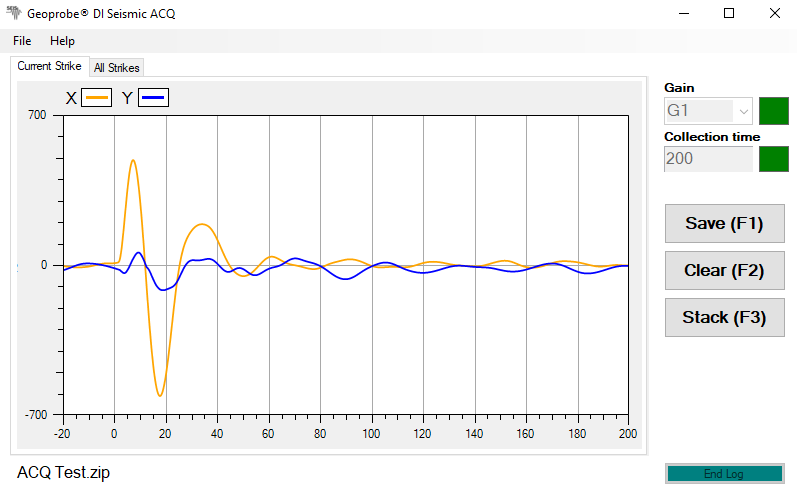 Single Seismic Wave displayed in Geoprobe CPT Suite Software during log acquisition